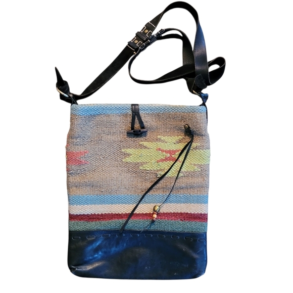 Raj Anthropologie Leather Wool Cotton Southwest Tribal Large Crossbody Bag Purse - Picture 1 of 15